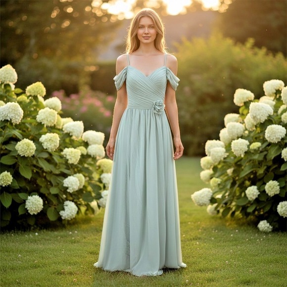 The Unbranded Brand Dresses & Skirts - Green Chiffon Maxi Dress S Corset Off Shoulder Flower Accent Lined Special Event